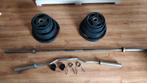 135 kg gewichten + olympische barbell 220 cm+ curl bar, Sport en Fitness, Fitnessmaterialen, Ophalen, Gebruikt