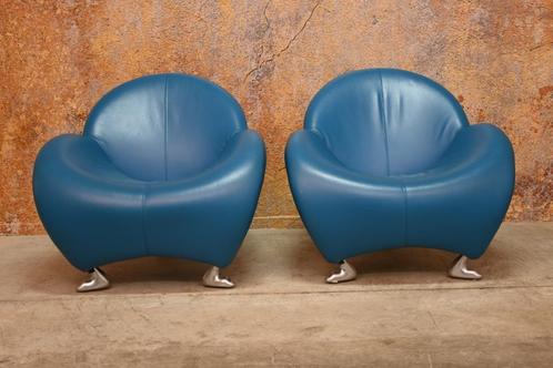 ZGANieuw! 1 blauwe leren Leolux Papageno design fauteuil, Huis en Inrichting, Fauteuils, Zo goed als nieuw, Leer, Metaal, 75 tot 100 cm