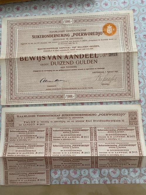 Aandeelbewijs 1921 – Suikeronderneming “Poerworedjo”, Postzegels en Munten, Aandelen en Waardepapieren, Aandeel, 1920 tot 1950