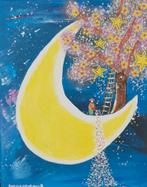 Schilderij Maan mannetje sterren in vrolijk acryl op canvas, Ophalen of Verzenden