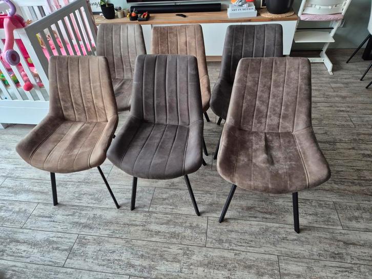 Zes stijlvolle eetkamerstoelen, Huis en Inrichting, Stoelen, Gebruikt, Vijf, Zes of meer stoelen, Metaal, Stof, Bruin, Ophalen