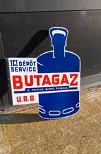 Vintage dubbelzijdig emaille reclamebord van Butagaz., Reclamebord, Gebruikt, ., Ophalen of Verzenden