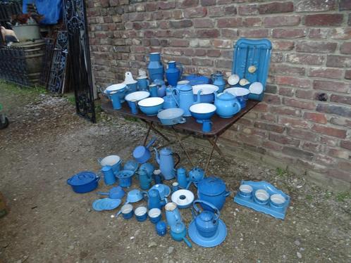 partij blauwe emaillen emaille zeef kan pot ketel, Antiek en Kunst, Curiosa en Brocante, Ophalen