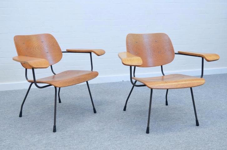 set mid century armstoelen Tjerk Reijenga Pilastro jaren 60, Huis en Inrichting, Fauteuils, Gebruikt, Hout, 50 tot 75 cm, Minder dan 75 cm