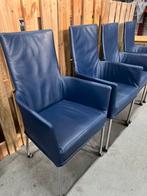Set van 4 blauwe leren armstoelen op wieltjes, Huis en Inrichting, Stoelen, D, Blauw, Leer, Ophalen of Verzenden