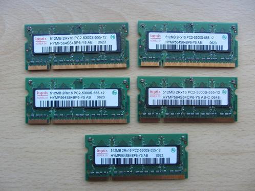 5x Hynix 512MB PC2-5300 DDR2-667MHz Non-ECC Unbuffered CL5, Computers en Software, RAM geheugen, Zo goed als nieuw, Laptop, 1 GB of minder