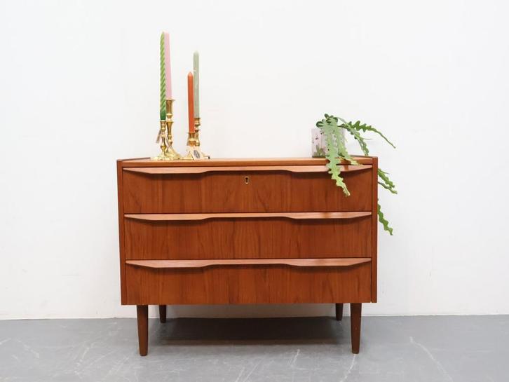 Deense ladekast | Teak | 3 lades, Huis en Inrichting, Kasten | Ladekasten, Gebruikt, Minder dan 100 cm, 50 tot 100 cm, 25 tot 50 cm