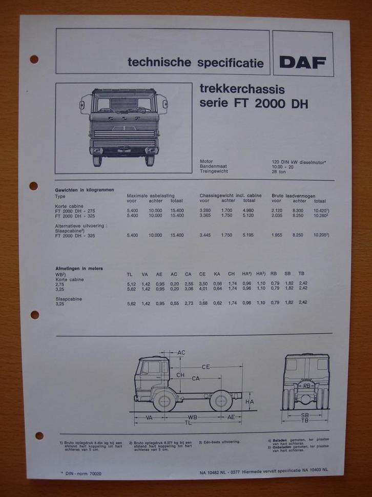 DAF FT 2000 DH Technische Specificatie folder 1977 - 4x2, Boeken, Auto's | Folders en Tijdschriften, Zo goed als nieuw, Overige merken