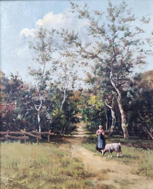 Thomas van Wissen (1866-1954) - Boerin met geit op landweg, Antiek en Kunst, Kunst | Schilderijen | Klassiek, Ophalen of Verzenden