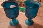 2 Decoratieve Blauwe Windlichten / Vazen - 21cm, Ophalen, Gebruikt, Blauw, Glas