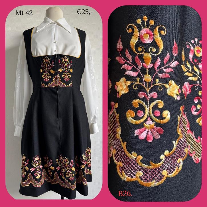 B26. Vintage Tiroler jurk mt 42, Kleding | Dames, Gelegenheidskleding, Gedragen, Overige typen, Maat 42/44 (L), Zwart, Verzenden