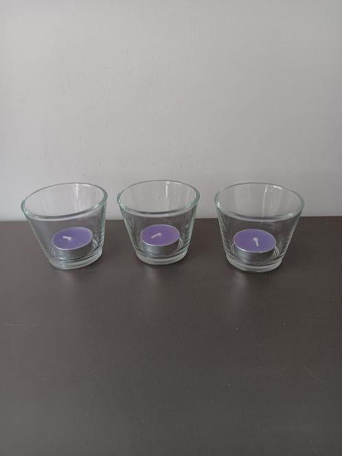 Set van 3 glazen theelichthouders, Huis en Inrichting, Woonaccessoires | Kandelaars en Kaarsen, Zo goed als nieuw, Kandelaar, Minder dan 25 cm