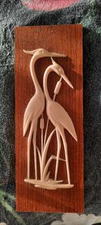 vintage - wanddecoratie - reigers op houten plankje, Ophalen of Verzenden