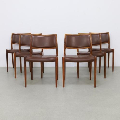 6x Leather Dining Chair model 80 by Niels Møller, 1960s, Huis en Inrichting, Stoelen, Gebruikt, Ophalen