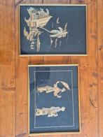 Twee ingelijste kunstwerken van rijststengels(1970), Ophalen of Verzenden, Gebruikt, Motorboot of Zeilboot, Kaart, Foto of Prent