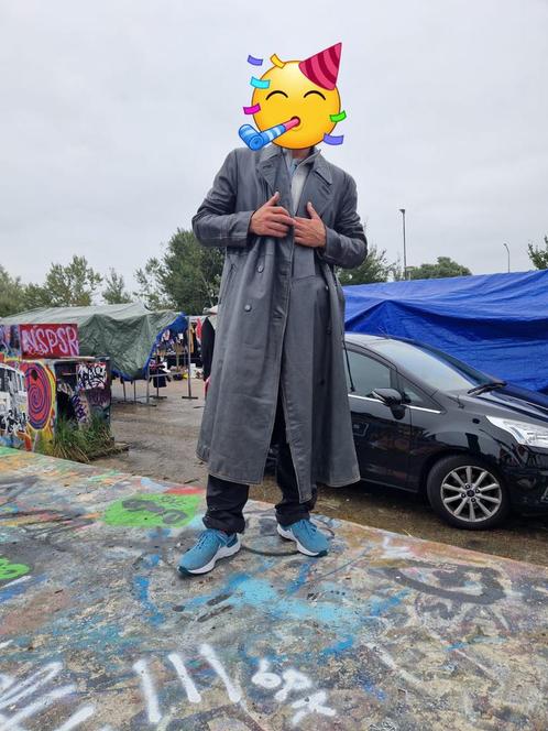 Lange leren vintage jas (klassieker), Kleding | Heren, Jassen | Winter, Gedragen, Maat 56/58 (XL), Grijs, Ophalen of Verzenden