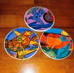 3 Corneille Onderzetters - Kleurrijke Vogels, Porselein of Keramiek, Schaal, Rond, Nieuw