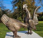 HAAN MET HEN / brons / tuinbeeld/ kippen, Dierenbeeld, Nieuw, Info@huisentuindecoratiemarie.nl, Huis en tuin decoratie marie