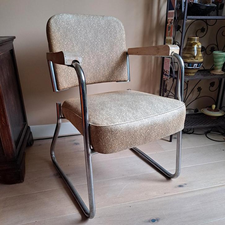 Vintage buisframe stoel Roneo / industriële fauteuil, Huis en Inrichting, Stoelen, Gebruikt, Eén, Kunststof, Metaal, Bruin, Ophalen
