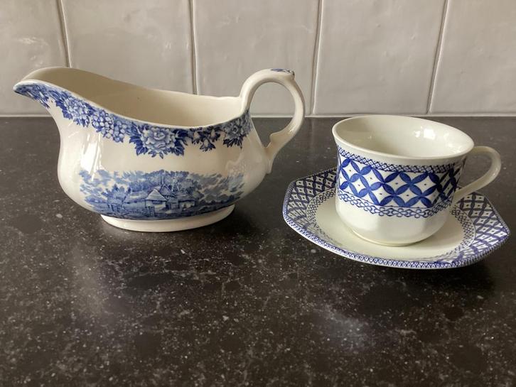 Blauw/wit Engels servies Old Staffordshire, Antiek en Kunst, Antiek | Servies los, Ophalen