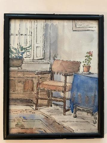 Aquarel Interieur (jaren 40-50) beschikbaar voor biedingen
