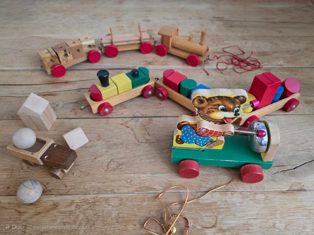 Verzameling houten vintage speelgoed: treinen en meer, Kinderen en Baby's, Speelgoed | Houten speelgoed, Gebruikt, Overige typen