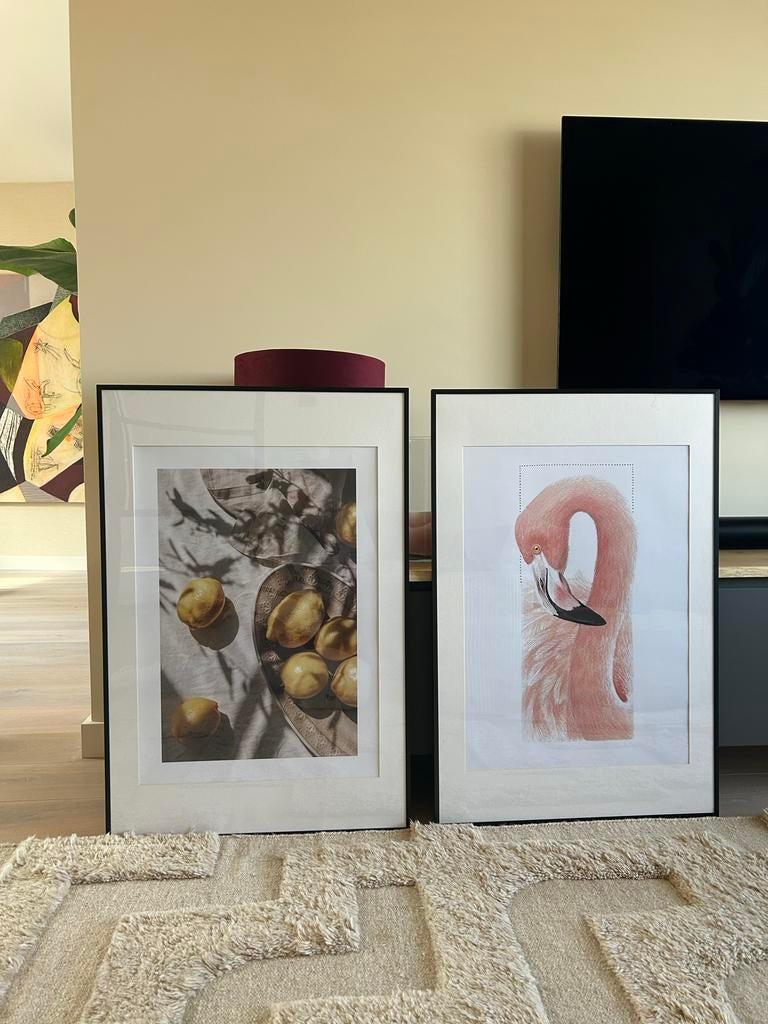 Lomviken Lijsten 91x61 cm 2x Zwart met Flamingo Tekening, Huis en Inrichting, Ophalen, Gebruikt, Print, 75 cm of meer