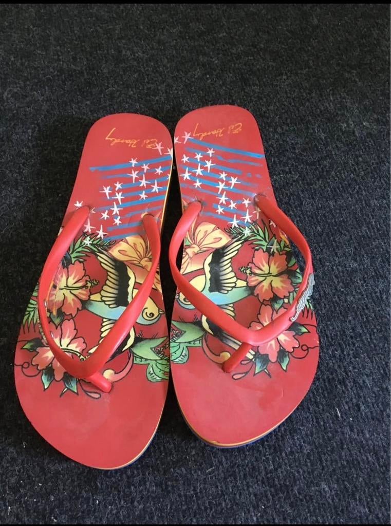 Ed Hardy slippers rood met print, Zo goed als nieuw, Rood, Ophalen, Slippers