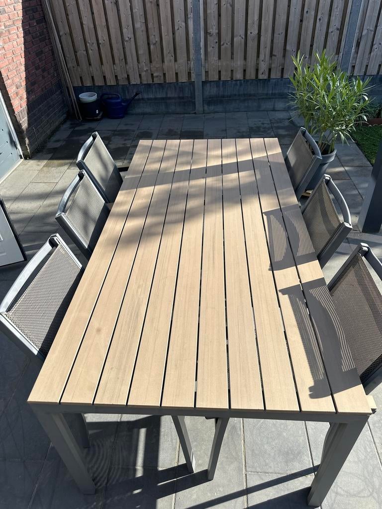 Moderne tuinset met 6 stoelen en polywood tafel, Tuin en Terras, Tuinsets en Loungesets, Ophalen, Gebruikt, Eettafel, 6 zitplaatsen