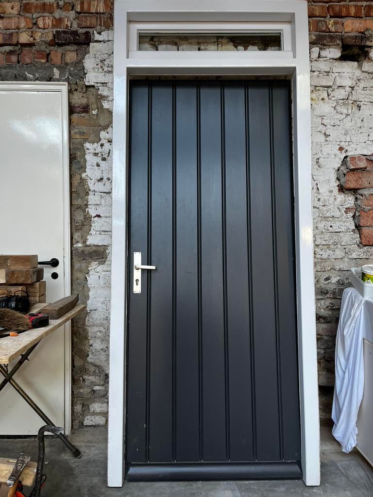 Massief Meranti houten buitendeur met bovenraam, Deurkozijn, Zo goed als nieuw, Inclusief glas, 225 cm of meer