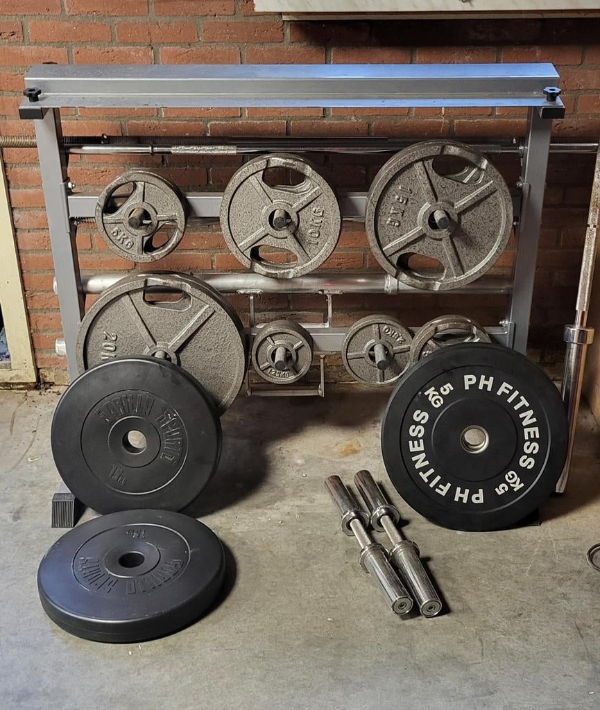 Olympische halterstangen en schijven met rek 172.5 kg, Sport en Fitness, Fitnessmaterialen, Ophalen, Gebruikt, Rug, Halterstangen