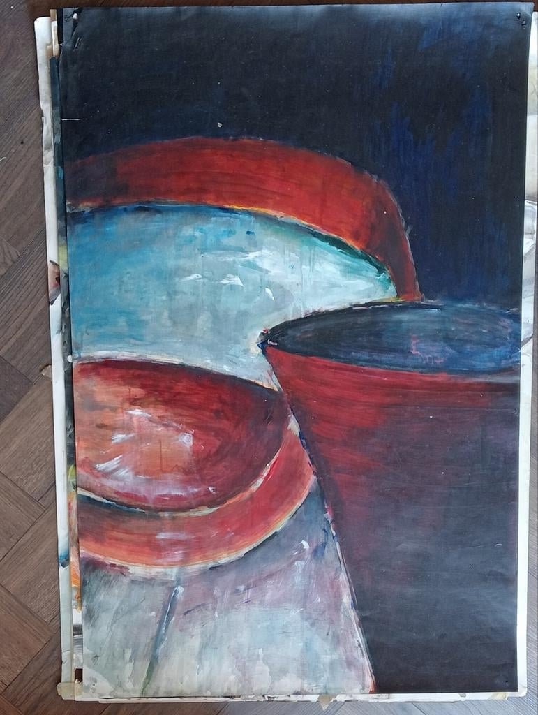 Modern Stilleven gouache olieverf op papier 20e eeuw, Ophalen of Verzenden