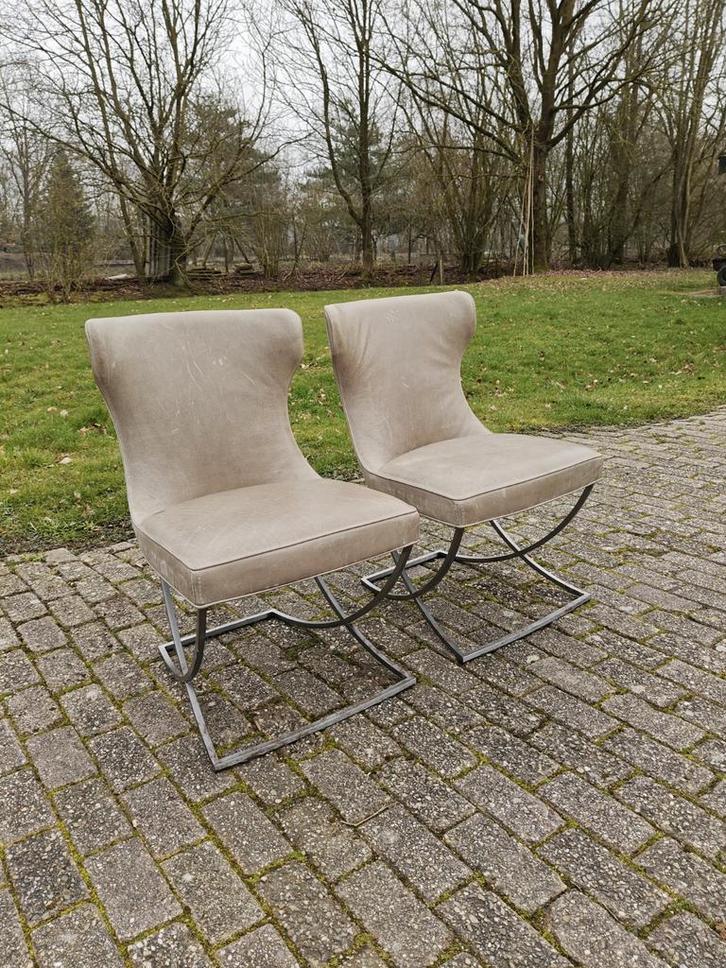 2 Baxter leren stoelen - mint groen/grijs - industrieel, Huis en Inrichting, Stoelen, Gebruikt, Twee, Leer, Metaal, Overige kleuren