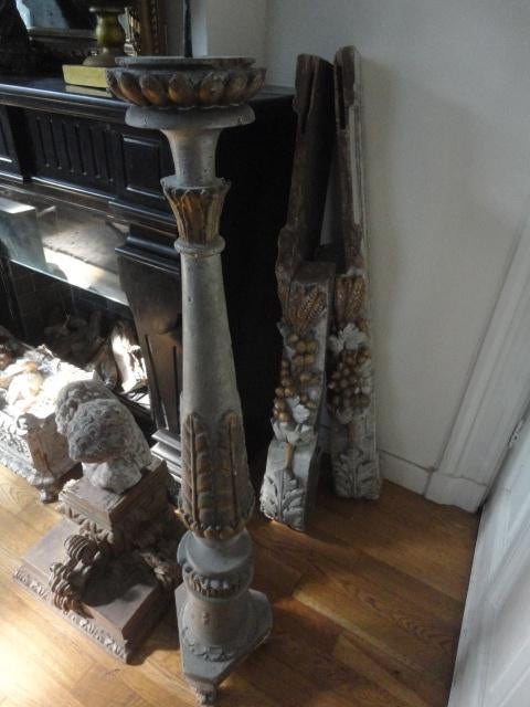 grote antieke BLADZILVEREN HOUTEN KERK KANDELAAR, ca. 118 cm, Ophalen