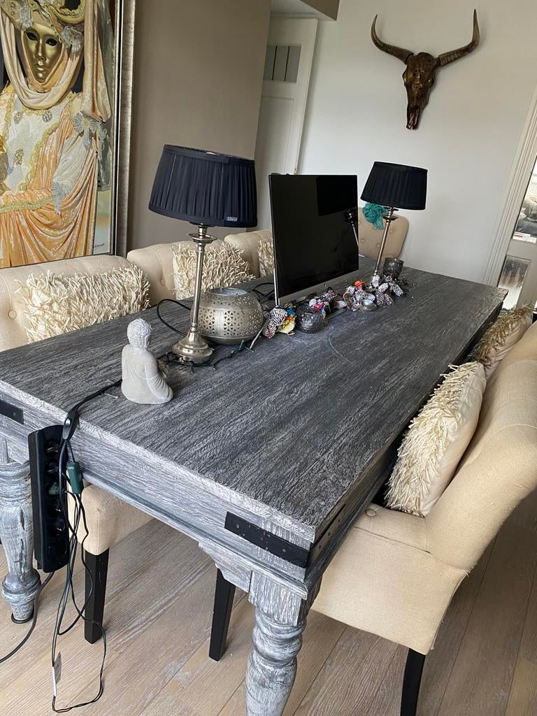 Zo goed als nieuw! Schitterende greywash eettafel 220. Uniek, Huis en Inrichting, Tafels | Eettafels, Ophalen, 200 cm of meer