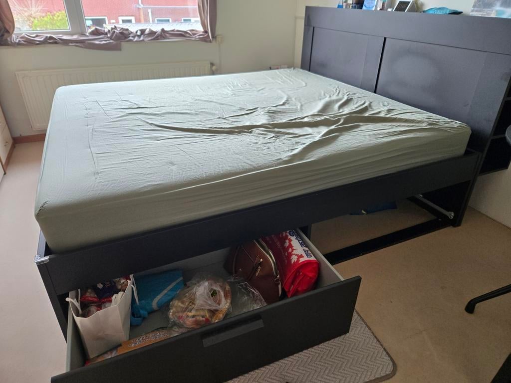 IKEA BRIMNES Bed 200x180 met lades, hoofdbord & matras, Ophalen, 85 tot 100 cm, Zo goed als nieuw, Matras