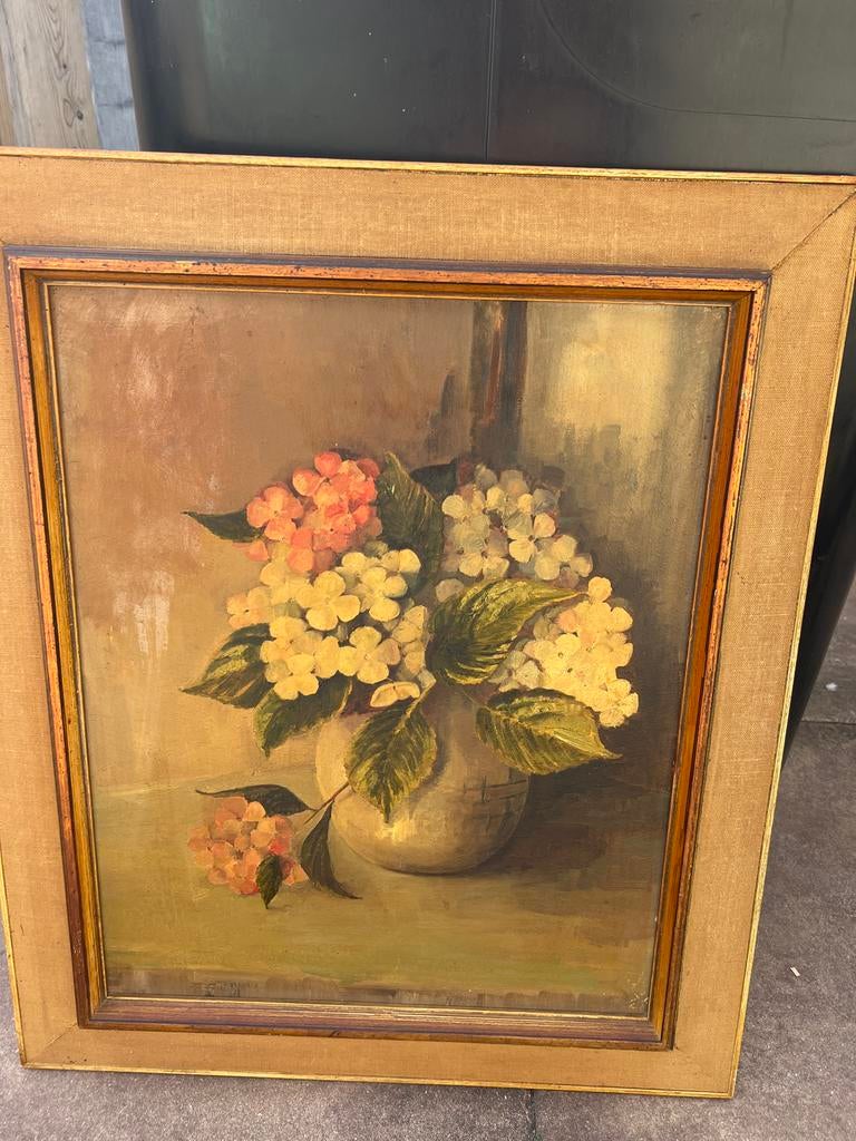 Antiek olieverf schilderij met bloemen in vaas, Ophalen of Verzenden