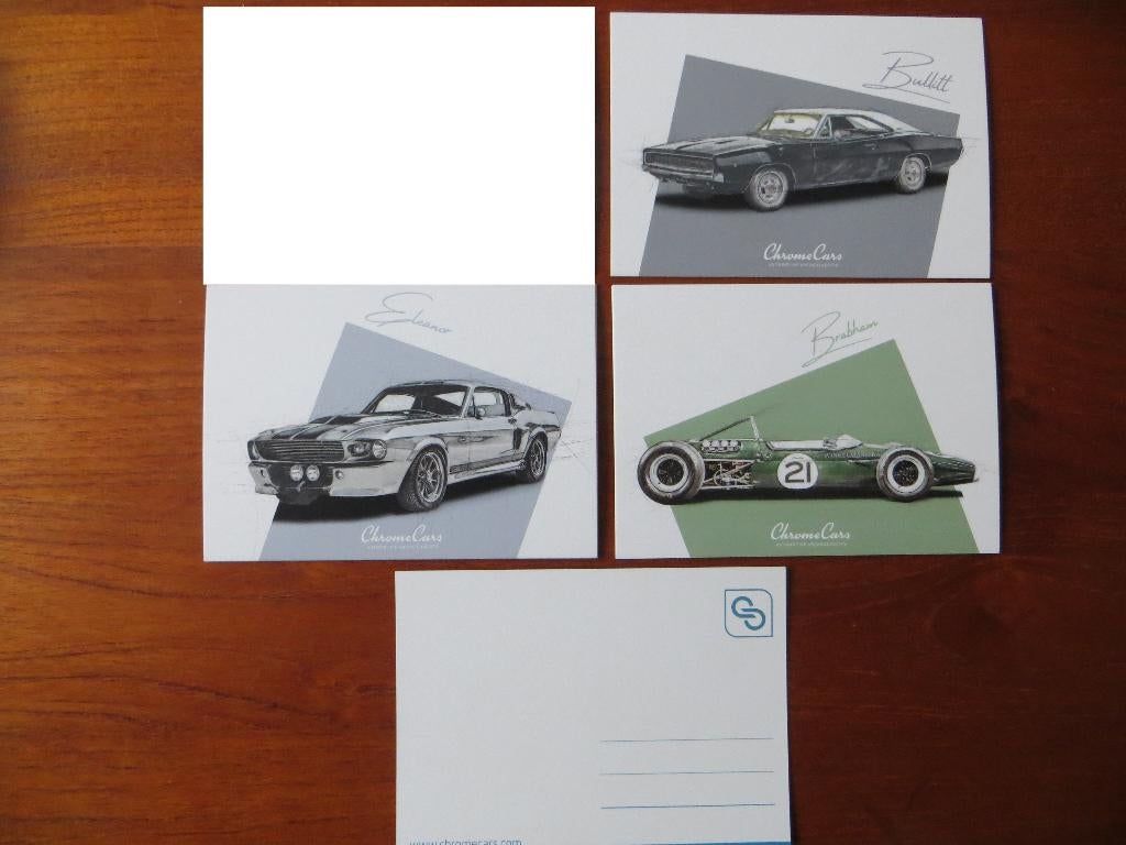 Ansichtkaarten Chrome Cars: Brabham, Ford Mustang Eleanor, Ophalen of Verzenden, Nieuw, Ford