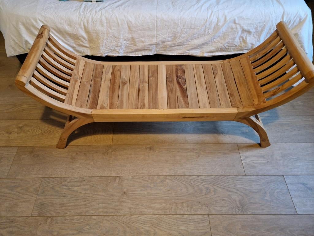 Teakhouten bankje - binnen/buiten - 124cm breed, Ophalen of Verzenden, Zo goed als nieuw