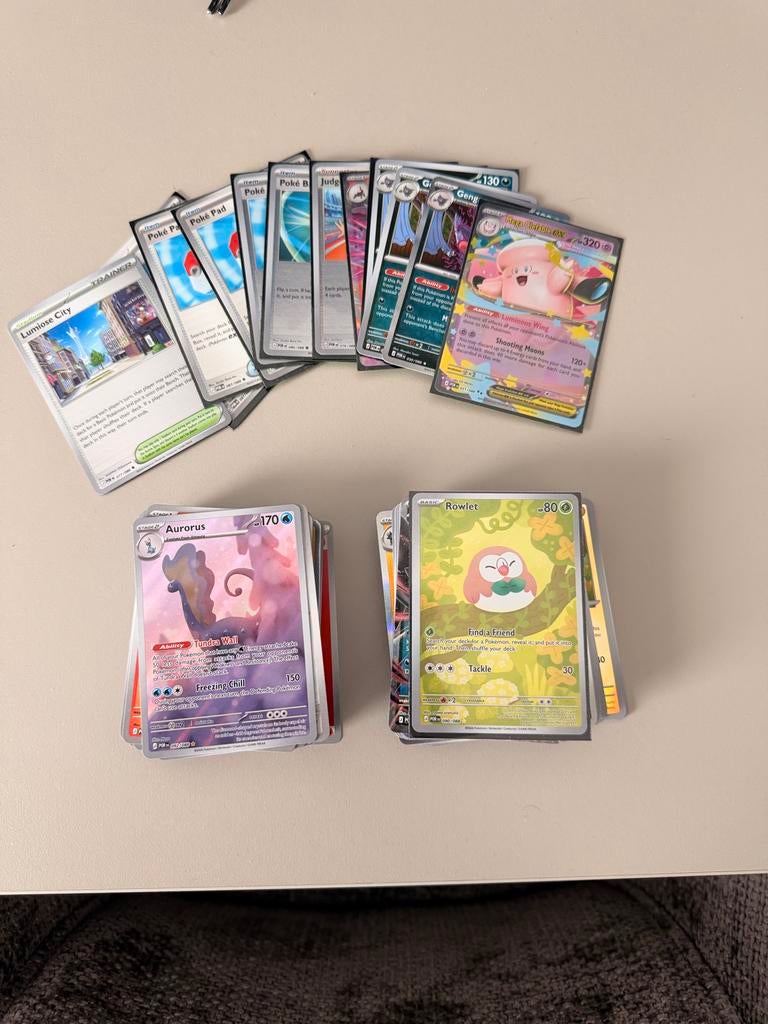 Pokémon kaarten: Full art Aurorus, Rowlet, Gengar, Clefable, Verzamelen, Ophalen of Verzenden, Gebruikt