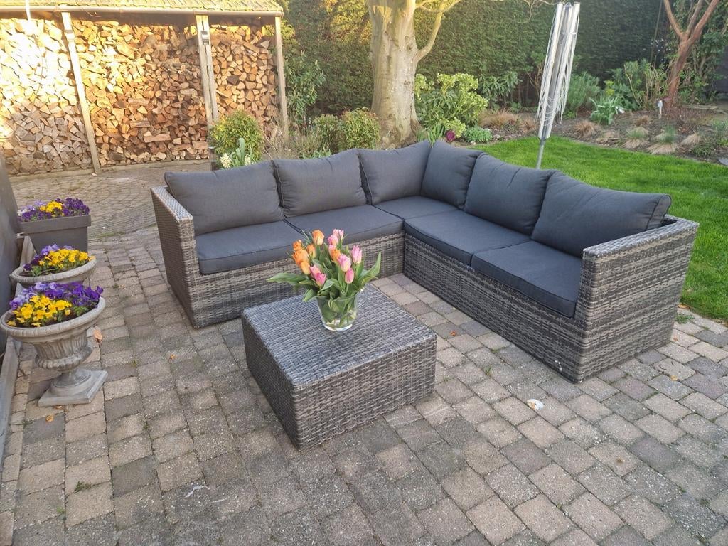 Nette Wicker loungeset met antraciet kussens, Ophalen of Verzenden, Wicker, Bank