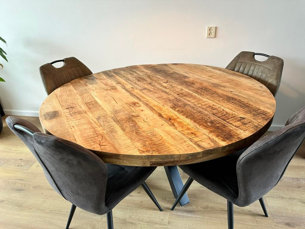 Ronde eettafel 160∅ mangohout. In nieuwstaat!, Huis en Inrichting, Tafels | Eettafels, Ophalen, 150 tot 200 cm, Rond, Zo goed als nieuw