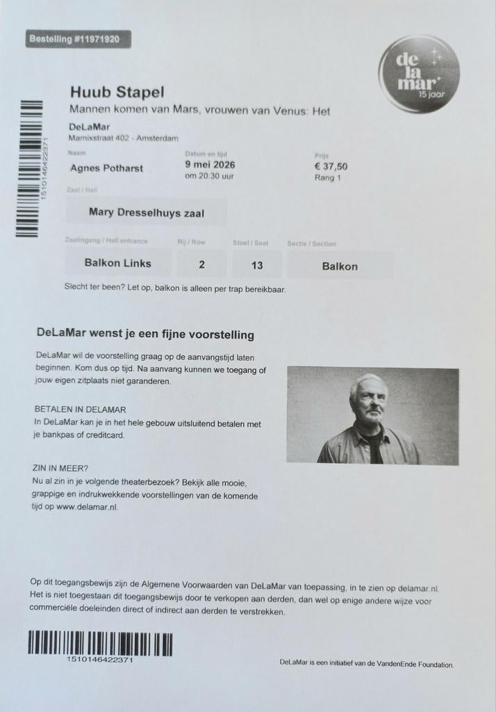 Tickets Huub Stapel, mannen komen van Mars, vrouwen van Venu, Tickets en Kaartjes, Twee personen, Mei
