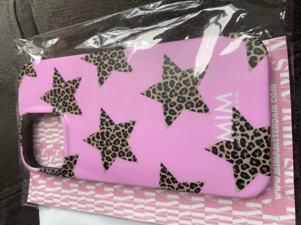 MIM Amsterdam iPhone 14 Pro Max Hoesje Roze Luipaard Sterren, Kunststof, IPhone 14 Pro Max, Overige merken, Nieuw