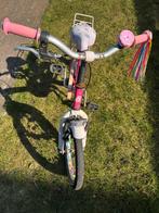 Roze kinderfiets met bloemen en bel, Ophalen, Gebruikt, 16 tot 20 inch