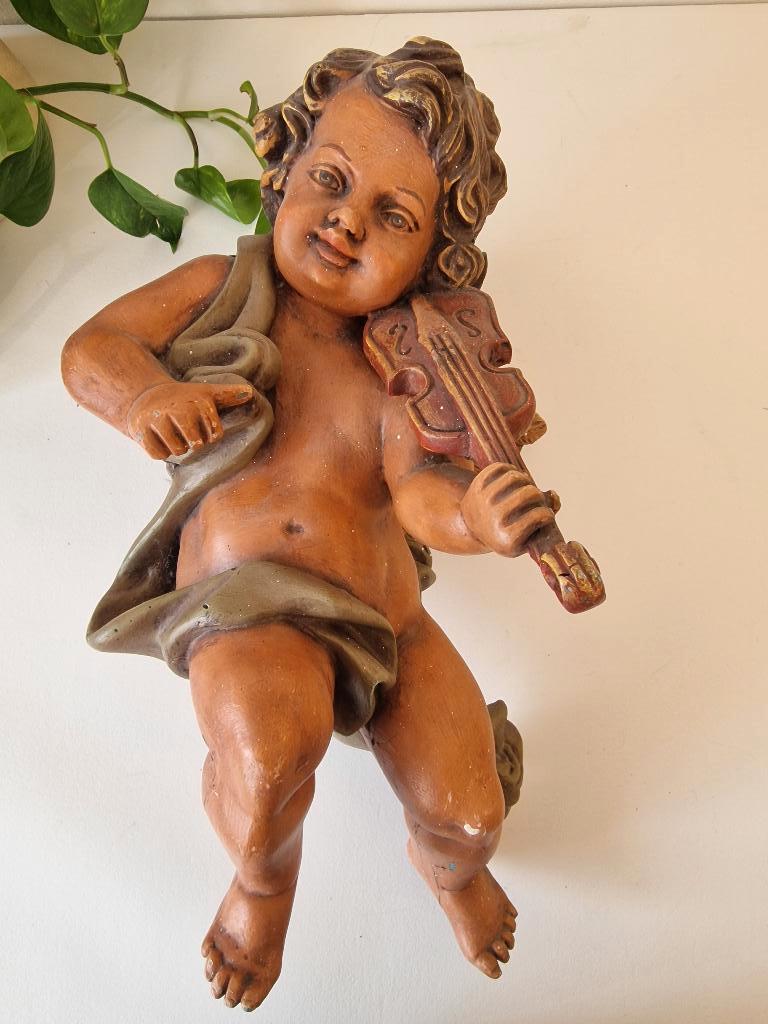 Vintage Putti Wandbeeld  – Barok Stijl Muzikant- Viool, Verzamelen, Beelden en Beeldjes, Ophalen of Verzenden, Gebruikt, Religie