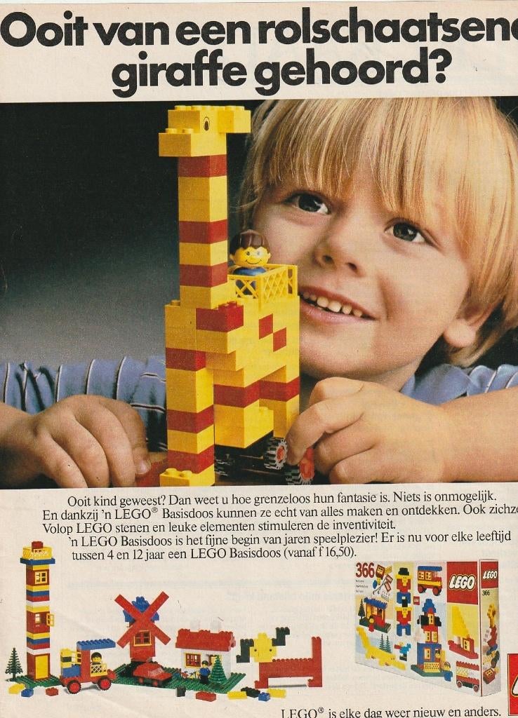 Retro reclame 1980 Lego jongetje met rolschaats-giraffe, Verzamelen, Retro, Verzenden, Overige typen
