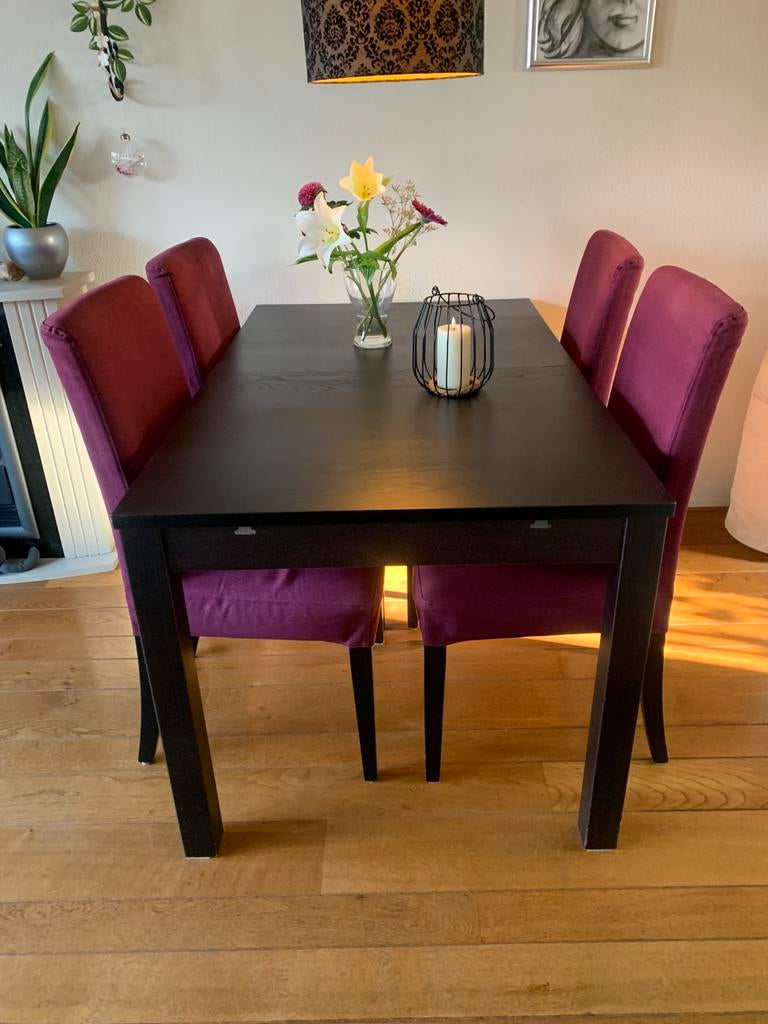 4 Ikea stoelen met auberginekleur hoes, Ophalen, Gebruikt, Overige kleuren, Vier