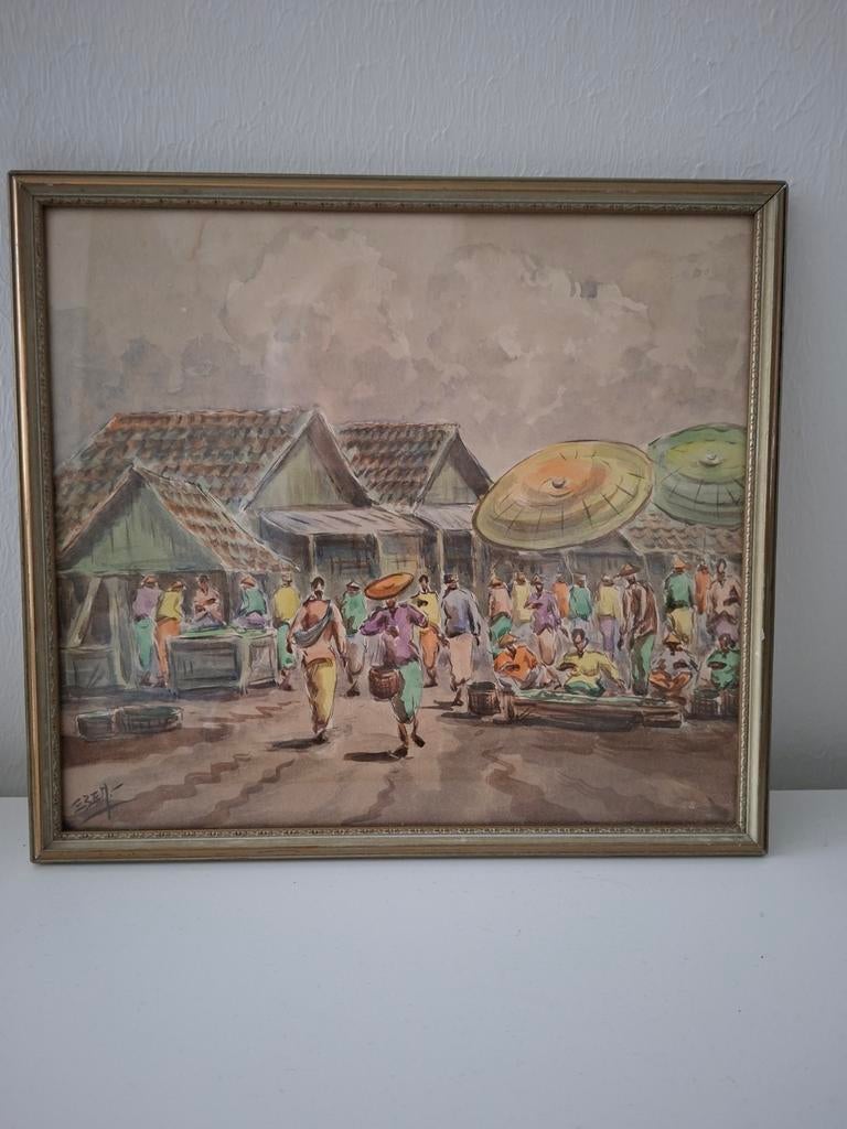 Vintage schilderij aquarel markttafereel Indonesie,, Antiek en Kunst, Kunst | Schilderijen | Klassiek, Ophalen of Verzenden