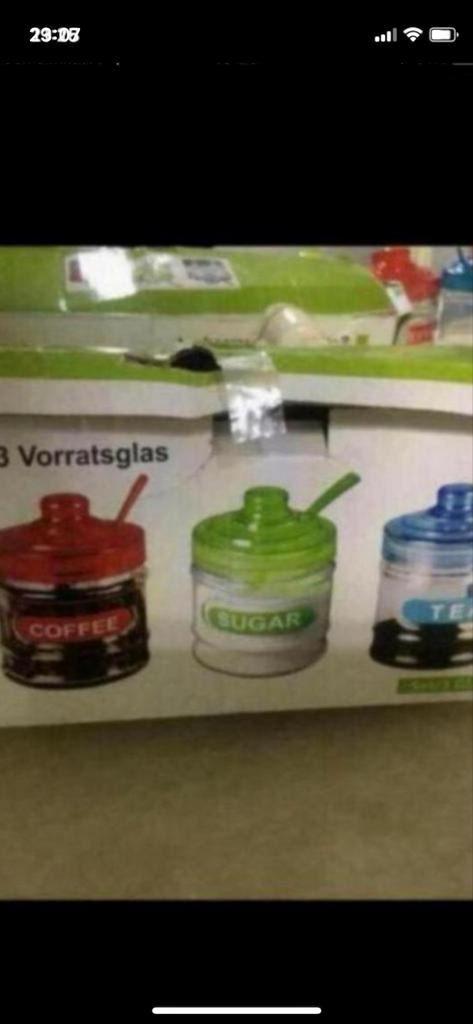 Set van 3 Voorraadpotten voor Koffie, Thee en Suiker, Ophalen, Glas, Nieuw, Voorraadpot